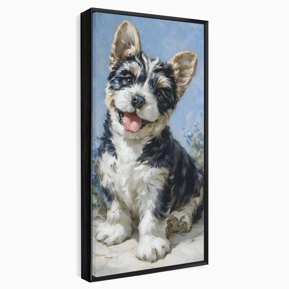 Tablou canvas cu tablou canvas cu catelus pufos, in rama de aluminiu negru